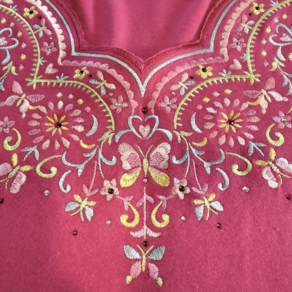 Quacker Factory Pink Floral Rhinestone Short Sleeve Scalloped Knit Top Size 2X - Picture 4 of 11